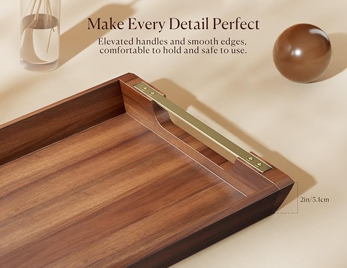 Acacia Wood Serving Tray with Metal Handles, 17x13in Large Ottoman Tray, Food Drinks Tray for Coffee Table, Breakfast, Dinner & Bar, Rustic Decorative Tray for Kitchen, Bedroom Gift Box