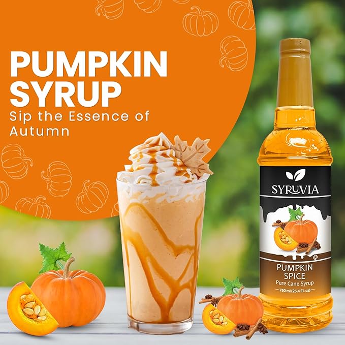 Syruvia Pumpkin Spice Syrup – 25.4 fl oz – Syrup for Coffee, Lattes, Shakes, Smoothies, Desserts – 100% Vegan, Gluten Free, Kosher Delicious Coffee Sauce, (Pack of 2)