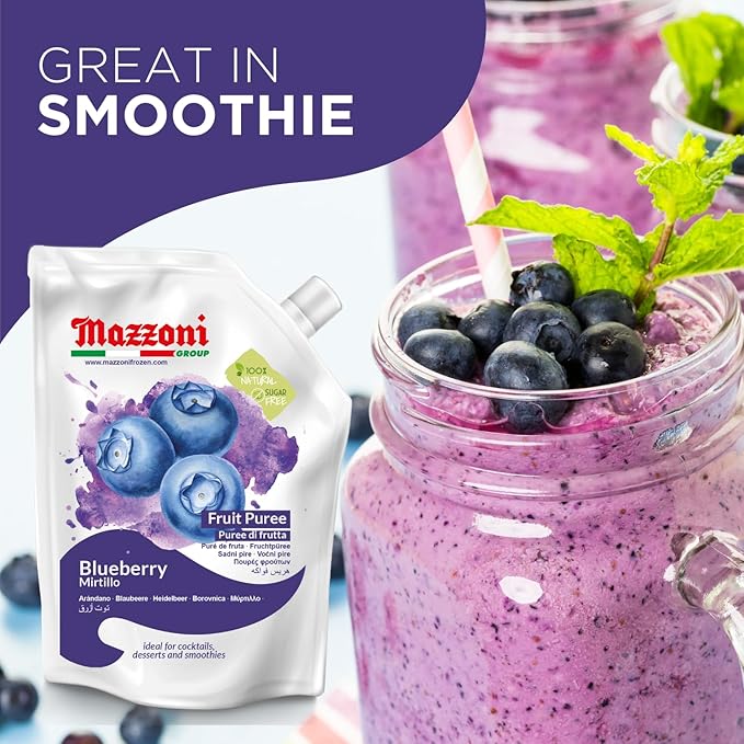 Mazzoni Blueberry Puree, 100% Pure Blueberries, Just Fruit, No Sugar Added, 2.2 lbs (35.2 oz) RMixer for Cocktails, Drinks, Smoothies. Convenient Pouch, Made in Italy