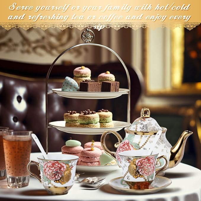 Zhehao 20 Pcs Porcelain Tea Set with Metal Holder and Spoon Adult Ceramic Tea Party Set European Flower Painting Teapot Cup Saucer Spoon Set for Women, Large Version(Bright Style)