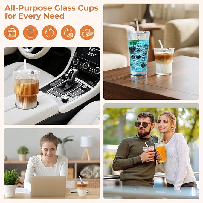 4 Pack 14&20 Oz Glass Cups with Lids and Straws Iced Coffee Cups Vintage Ribbed Glassware for Beer Ice Coffee Fruit Juice Elegant Aesthetic Cup Glass Iced Coffee Tumbler Include 2 Cleaning Brushes