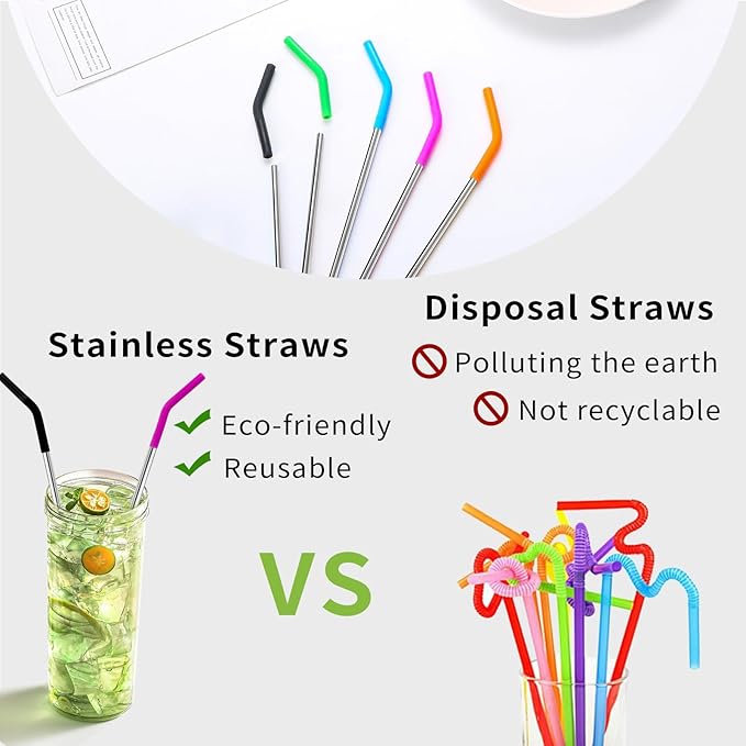 Lazycorner 10 Pcs Metal Straw Reusable 8.5" 6mm Stainless Steel Straws,20oz-32oz, Silver Drinking Straws with Silicone Tips, 4 Straw Cleaner Brush, 1 Travel Case