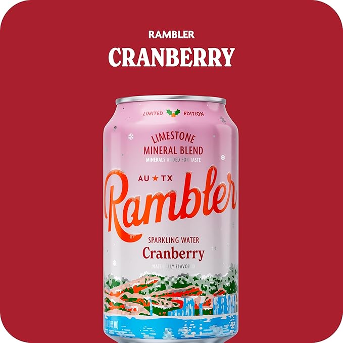 AUTX RAMBLER Sparkling Water, Texas Limestone Mineral Blend, Cranberry Flavor, Limited Edition, 12-Ounce Cans, Three 8-Packs (24 Cans)