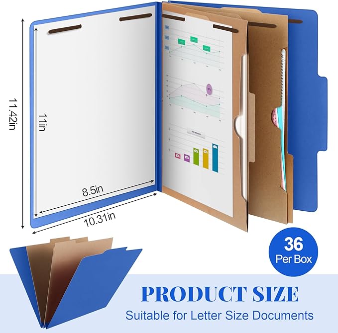 36 Pcs Classification Folders Letter Size,Back to School Supply for Teacher, Student, 2 Pocket Dividers Pressboard File Folder Bulk with 2 Fasteners,2 in Expanding File Organizer (Dark Blue)
