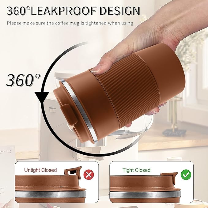 YINBAOGE Insulated Travel Coffee Mug Spill Proof Leak Proof Pobtable To Go Camping Stainless Steel Coffee Tumbler Reusable Coffee Cups with Lids Thermos for Hot and Cold Drink (Brown, 17 OZ)