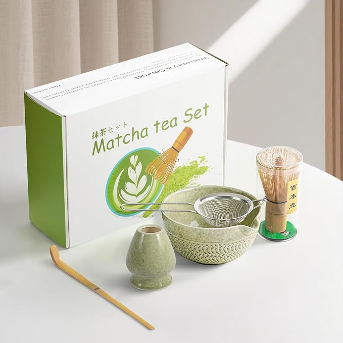Matcha Whisk Set, Ceramic Matcha Set, Matcha Bowl with Spout, Matcha Whisk & Holder, Sifter and Bamboo Scoop, 5 Pcs Matcha Kit, Matcha Tea Ceremony Gifts for Matcha Lovers & Starter (Matcha Green)