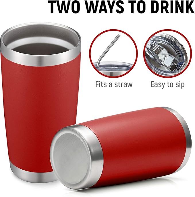 COMOOO 20oz Double Wall Vacuum Insulated Travel Mug, Stainless Steel Tumbler with Lid and Straw Durable Powder Coated Insulated Coffee Cup for Cold & Hot Drinks (Red, 1 PACK)
