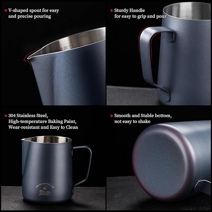 Milk Frothing Pitcher, 20OZ/600ML Stainless Steel Espresso Steaming Pitcher Coffee Milk Frother Cup with Handle and Scale