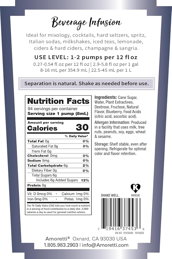Amoretti - Wild Huckleberry Beverage Infusion, 94 Servings Per Bottle (750 ml) - Drink Mix & Water Enhancer with Pump for Flavoring Cocktails, Waters, Teas, and other Beverages, Preservative Free
