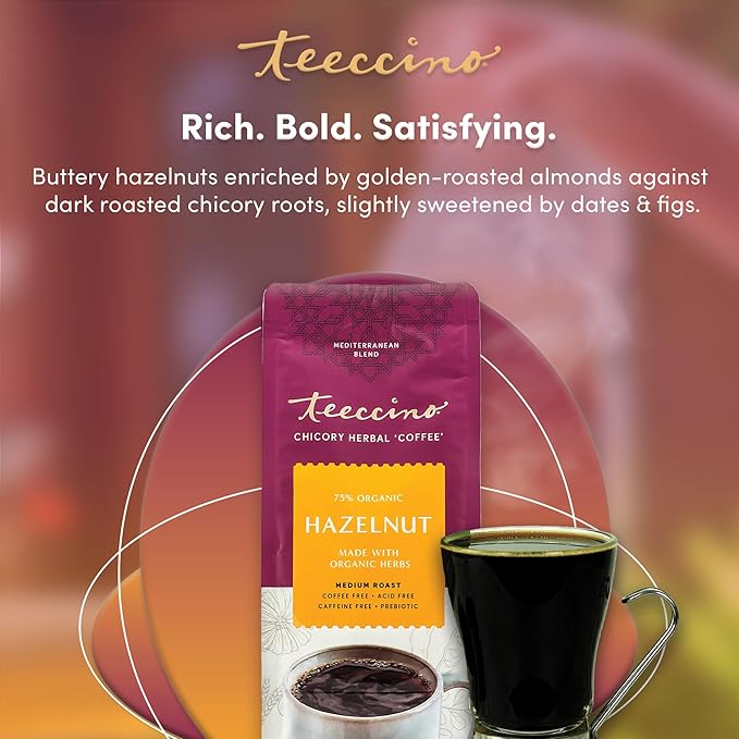 Teeccino Chicory Coffee Alternative - Hazelnut - 11 Ounce - Ground Herbal Coffee That’s Prebiotic, Caffeine Free & Acid Free, Medium Roast