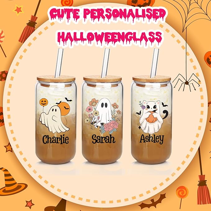 Personalized Halloween Tumbler- Boo Basket Stuffers - Can Shaped Glass with Lids and Straws18OZ -Cute Halloween Gifts for Boys Girls Kids Son Daughter