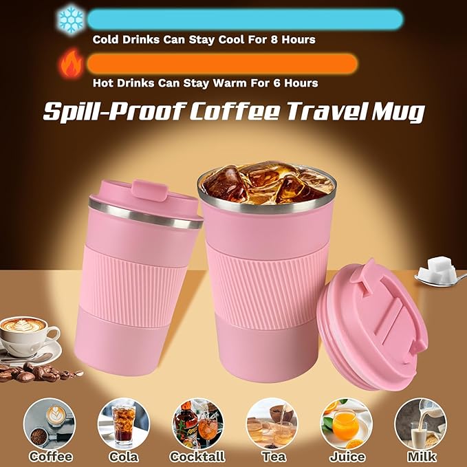 Vacuum-Insulated Stainless Steel Travel Coffee Mug, Leak-Proof Reusable Coffee Cup with Lid - Keep Hot & Cold Drinks for Hours, Durable Thermos Tumbler for Men & Women (3rd-Pink, 12OZ)