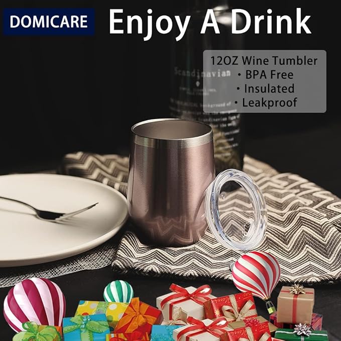 DOMICARE Stainless Steel Wine Tumbler Bulk with Lid, 12oz Travel Coffee Cups, Personalized Rose Gold Insulated Tumblers Set, Pack of 1