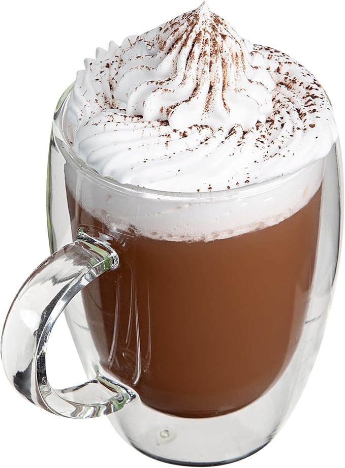 Restaurantware-Forma Professional 11.8 Ounce Glass Coffee Cups, 12 Insulated Coffee Cups With Handle - Dishwashable, Reusable, Clear Double Wall Beverage Tumblers, Freezable For Hot Or Cold Beverages