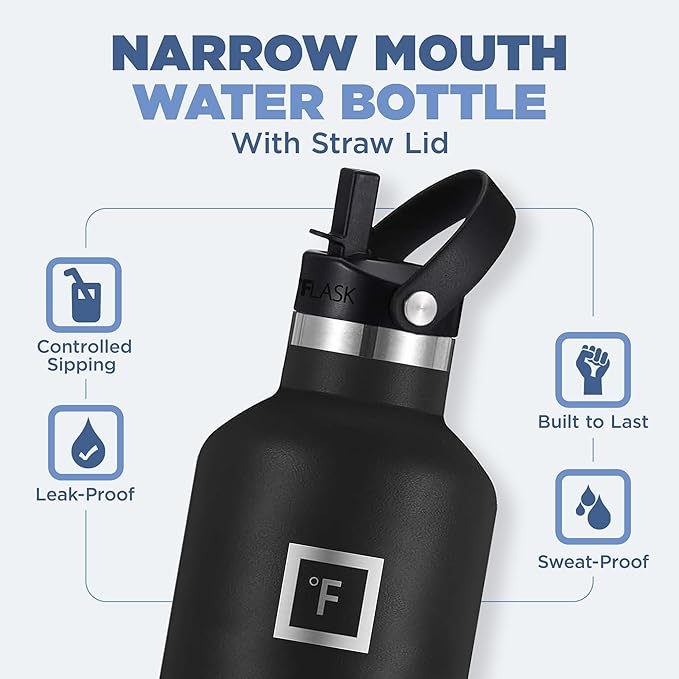 IRON °FLASK Camping & Hiking Hydration Canteens - 3 Lids (Narrow Straw Lid) Leak Proof Vacuum Insulated Stainless Steel - Hot & Cold Double Walled Sports Water Bottle - Elemental Gray, 32 Oz