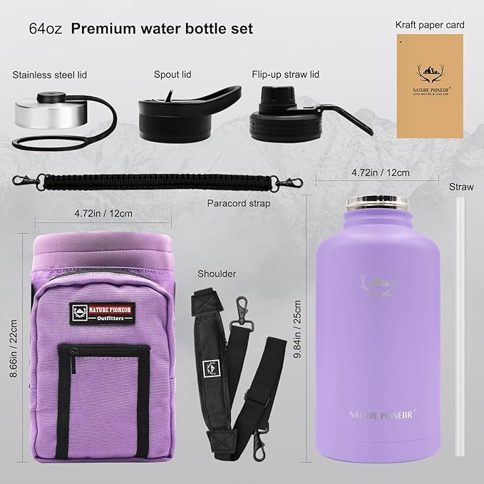 NATURE PIONEOR Insulated Water Bottles with Straw - 64oz Stainless Steel Vacuum Bottle with Holder/Carrier/Sleeve - Reusable 18/8 Food Grade Half Gallon Water Jug