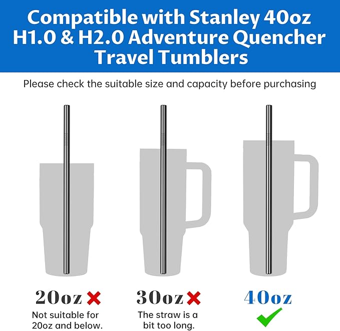 Tomorotec 40oz Straws, 14PCS Stainless Steel Replacement Straws for Stanley 40oz Adventure Quencher Travel Tumblers with Cleaning Brushes 2PCS, Food-Grade, Dishwasher Safe for Smoothies (Black)