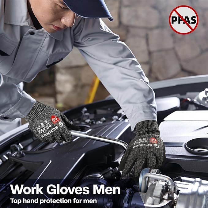 Schwer ProGuard Highest Level Cut Resistant Work Gloves PR3326 for Extreme Protection, ANSI A9 Cut Gloves with Reinforced Thumb, Non Slip, Cooling, Durable, Touch-screen, Non PFAS, Black 2 Pairs（S）