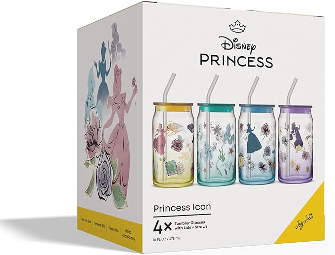 JoyJolt Disney Princess Icon Glass Tumblers with Lids and Straws, 16oz Glass Cups with Lids and Straws ft Princess Jasmine Ariel Cinderella Belle, 4pc Can Shaped Drinking Glasses, Iced Coffee Cups