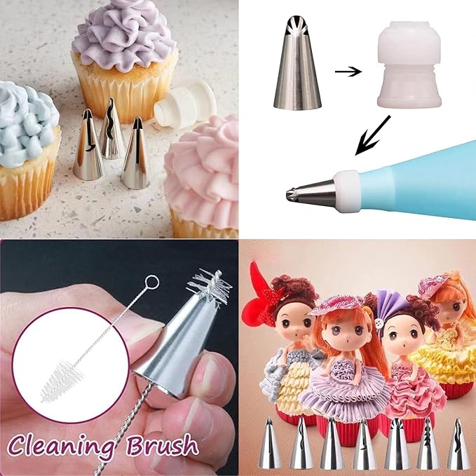 10pcs Cake Decorating Icing Piping Tip Set, Pleated Skirt PipingNozzles Set Ruffle Piping Tips Stainless Steel Frosting TipsDecorating Tips for Cake Cupcakes Cookies with A Cleaning Brush(10pcs)