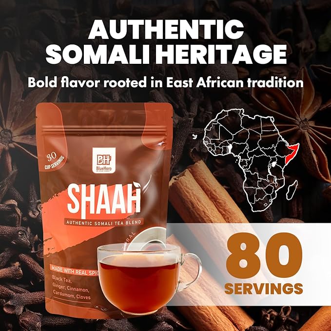 Shaah Authentic Somali Tea – 80 Cups,8.8 oz Organic Loose Leaf Black Tea with Somali Spices | Shaah Tea Blend with Ginger, Cinnamon, Cardamom & Cloves