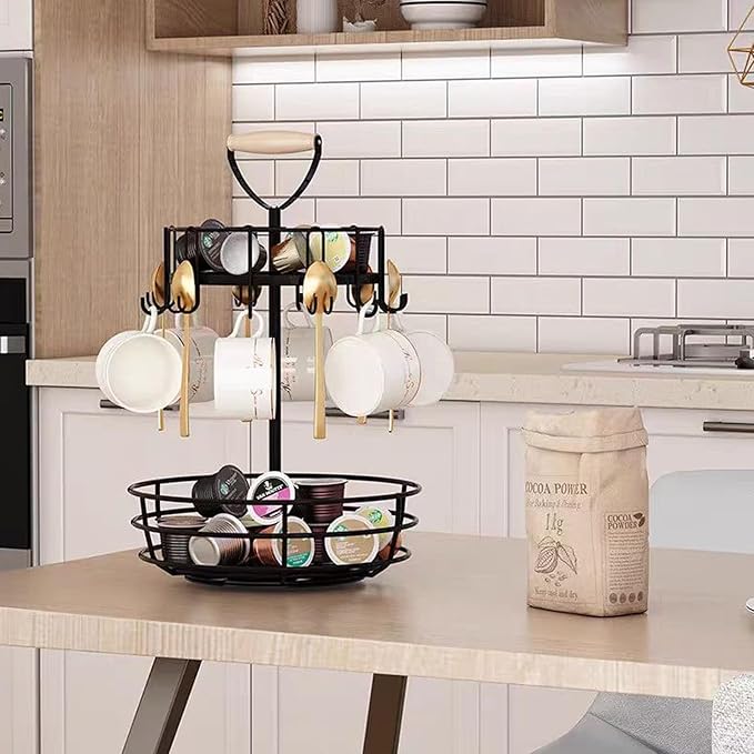 Coffee Mug Holder, 2 Tier Coffee Cup Holder with Hooks, Rotatable Mug Rack Organizer with Cup Pods & Saucer Basket for Bar Kitchen Counter