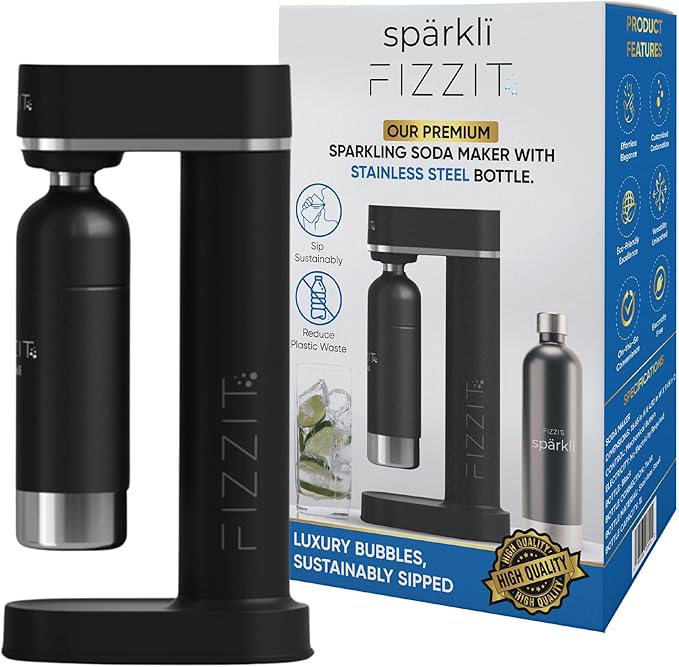 Black Sparkling Soda Water Maker with 2 CO2 Cylinders & 2 Stainless Steel Reusable Bottles, Includes 1 x Black Stainless Reusable Bottle & 1 x White Stainless Reusable Bottle