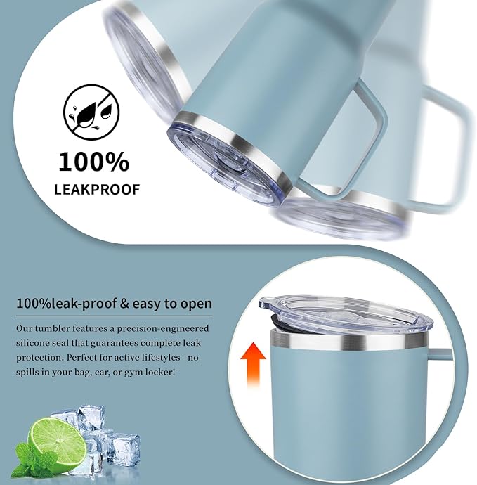 20oz Insulated Tumbler with Handle Stainless Steel Travel Coffee Mug with Lid and Straw Double Wall Vacuum Leak-proof Reusable Thermal Water Cup for Hot and Cold Drinks (Glacier blue,1 Pack)