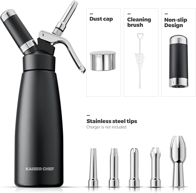 Professional Aluminum Whipped Cream Dispenser - 500 mL/1 Pint,Whipped Cream Maker Canister with 5 Decorating Nozzles & Cleaning Brush - Need To Use N2O Chargers (Not Included) (Black, 500ml)