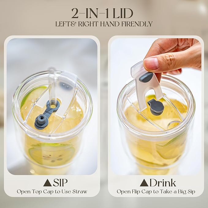 KEMORELA 2 Pack Double Wall Borosilicate Glass Tumblers with Lids and Straws, 16oz Insulated Iced Coffee Cups, Reusable Smoothie and Boba Drinking Glasses, Dishwasher Safe