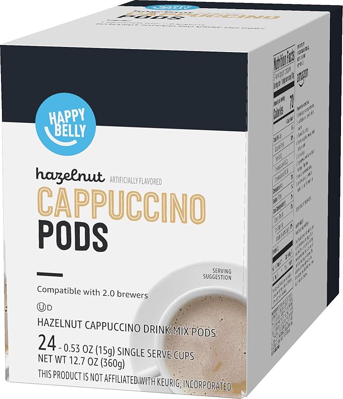 Amazon Brand - Happy Belly Light Roast Cappuccino Coffee Pods, Hazelnut Flavored, Compatible with K-Cup Brewers, 24 Count (Pack of 2)