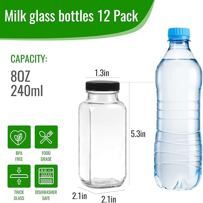 BIGIVACA 8 oz Glass Juice Bottles with Lids,12 PACK Bottles for Juicing,Square Drinking Jars Glass for Coffee,Cola,Milk,Tea in Travel,Work,School