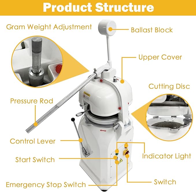 TECHTONGDA Dough Divider Rounder 36pcs Dough Ball Cutter Pizza Roll Ball Forming Machine Electric Dough Cutting and Rounding Machine for Hamburger Bread Pizza Bakery 0.7og-2.5oz