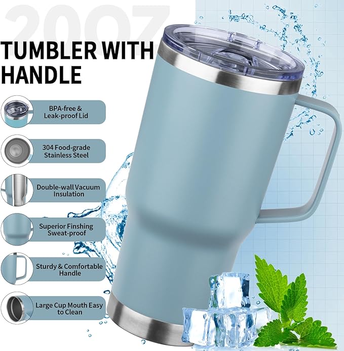 20oz Insulated Tumbler with Handle Stainless Steel Travel Coffee Mug with Lid and Straw Double Wall Vacuum Leak-proof Reusable Thermal Water Cup for Hot and Cold Drinks (Glacier blue,1 Pack)