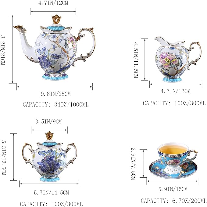 ACMLIFE Bone China Tea Sets with Cake Stand 3 Tiers for 6 Adults, 21 Piece Vintage Tea Cup Set, Blue Floral Tea Sets for Women Tea Party or Gift Giving China/English Tea Cup Set