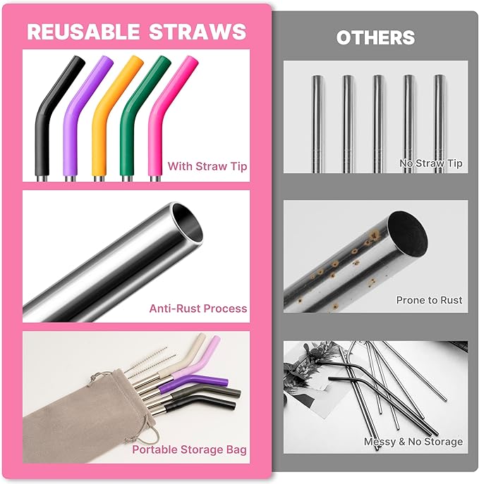 Metal Straw for Stanley 40 oz Cup,Stainless Steel Replacement Straw with Silicone Tips for 40 oz Simple Modern, Meoky, Owala Tumbler, 1 Portable Bag
