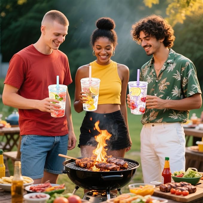 Clear Tumbler Cup, 16 oz Plastic Iced Coffee Cup with Lid and Straw, 6 Pack, Reusable and Dishwasher-Safe, for Gatherings and Outdoor Adventures (6, Bow Tie)