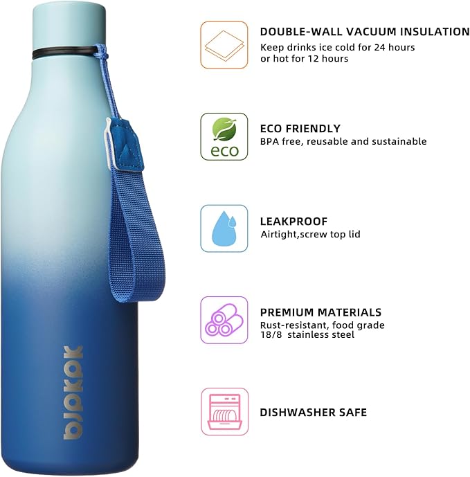 BJPKPK Insulated Water Bottles, 25 oz Stainless Steel Metal Water Bottle with Strap, BPA Free Leak Proof Thermos, Mugs, Flasks, Reusable Water Bottle for Sports & Travel, Sky
