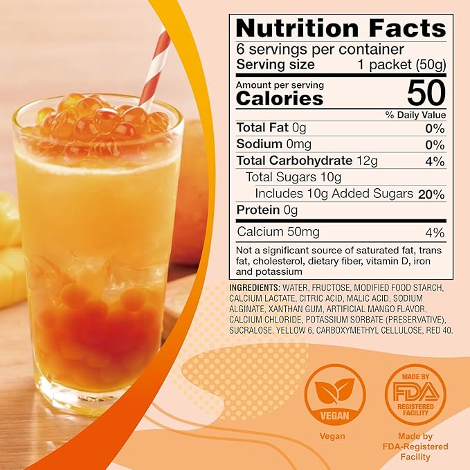 J WAY Bursting Popping Mango Boba Pearls, Mango Syrup, Non-Dairy, Fat-Free Popping Tapioca Boba for Beverages, Sweets, Ice Cream, 1.8oz (Pack of 6)