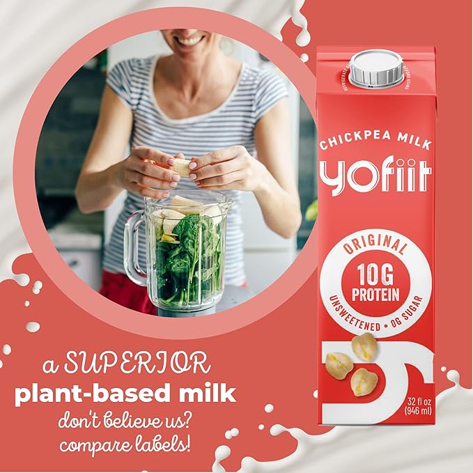 Yofiit Original Unsweetened Plant Based Milk with Pea Protein and Flax - More Protein than Almond Milk - Non Dairy Coffee Creamer, Vegan & Shelf Stable | 10g Protein - 6 Pack