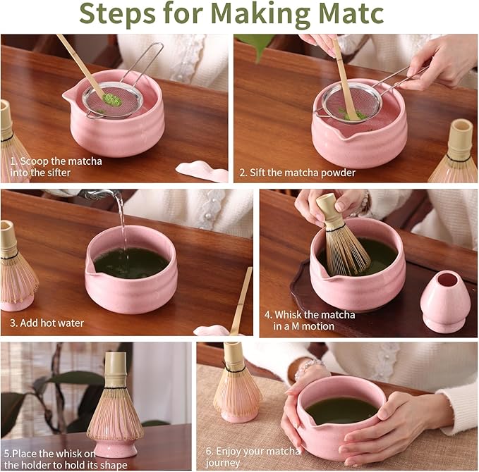 Japanese Ceramic Matcha Bowl - 16oz Speckle Glaze Chawan & Whisk Stand for Perfect Froth, Dishwasher Safe Pink