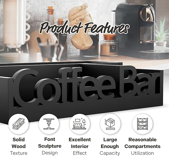 Coffee Bar Organizer for Countertop – Wooden Coffee Caddy with Compartments for Pods, Creamer, Sugar Packets, and Accessories – Coffee Station Storage for Home and Office (Black)