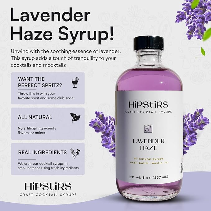 HipStirs Lavender Haze Syrup - Real Ingredients are in our Luxurious Lavender Syrup for Drinks - Using Natural Flavoring to keep your Cocktails Non-GMO, Gluten Free & Vegan (8 oz)