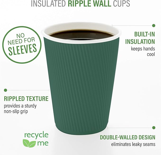 Restaurantware 12 Ounce Double Wall Disposable Coffee Cups, 500 Insulated Forest Green Paper Tumblers with Rolled Rim Design, Lids Sold Separately for Hot Drinks like Tea, Hot Chocolate and More