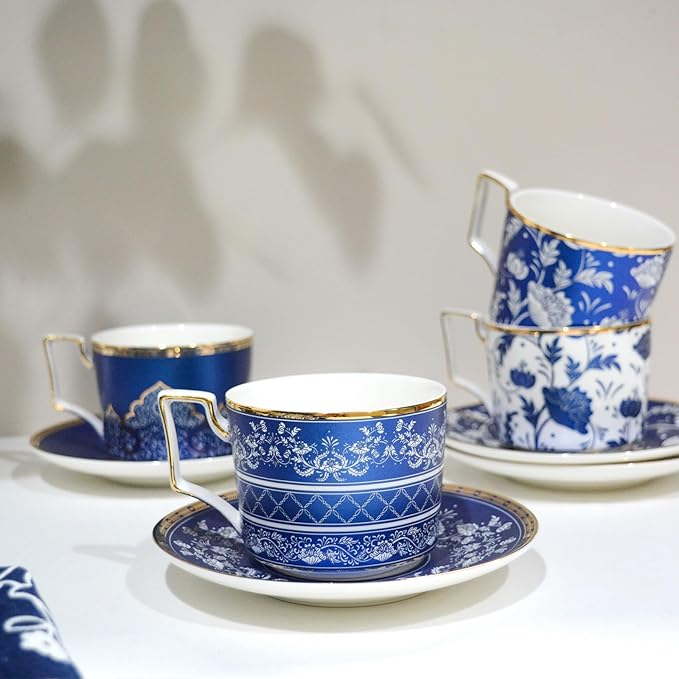 ACMLIFE Bone China Tea Cups and Saucers Set of 4, 6.8 oz Blue and White Tea Cups Set of 4, with Gold Trim and Gift Box (Blue-4)