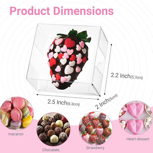 100 Pcs 2.5" X2.2" X2" Clear Small Bakery Treat Boxes Single Chocolate Covered Strawberries Box Macaron Gift Boxes Mini Cinnamon Roll Boxes for 2 for Birthday Wedding Christmas, Valentine's