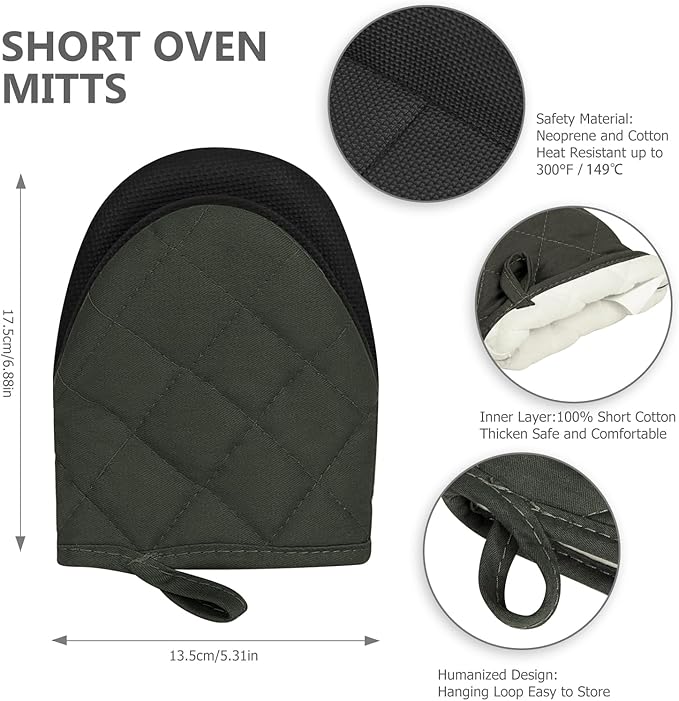 1 Pair Short Oven Mitts, Heat Resistant Silicone Kitchen Mini Oven Mitts for 500 Degrees, Non-Slip Grip Surfaces and Hanging Loop Gloves, Baking Grilling Barbecue Microwave Machine Washable (Gray)