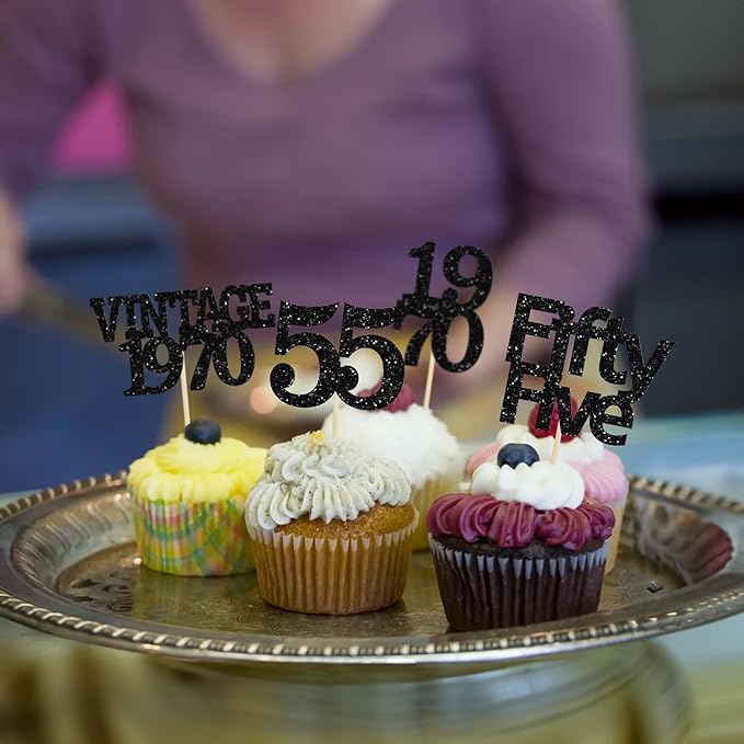 Gyufise 24Pcs Vintage 1970 Cupcake Toppers Glitter Cheers to 55 Fabulous Fifty Five Cupcake Picks 55th Birthday Wedding Anniversary Party Cake Decorations Supplies Black