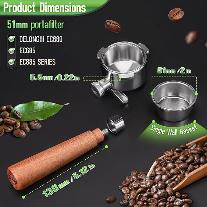 51mm 3 Ear Portafilter for DeLonghi EC680/EC685/EC885 - Stainless Steel Dual Spout Handle with Precision Basket,Siam Rosewood Grip