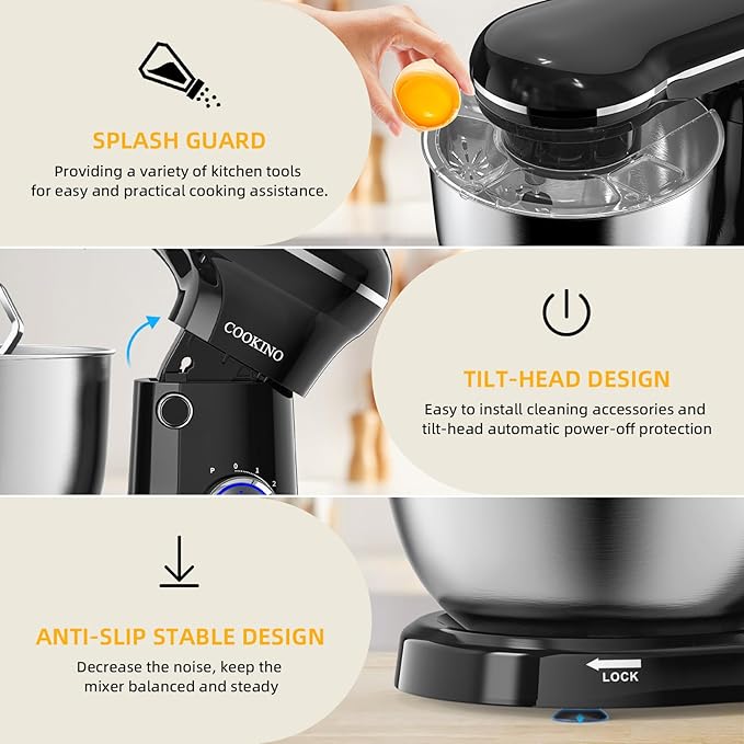 Electric Stand Mixer,10 Speeds Tilt-Head Food Mixer, 3-IN-1 Kitchen Mixer for Daily Cooks with 6.5 QT Bowl,Dough Hook, Beater, Whisk (Onyx Black)